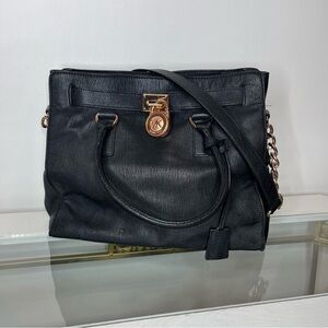 Michael Kors Black Leather Large Hamilton North South Tote Bag Chain Strap Lock